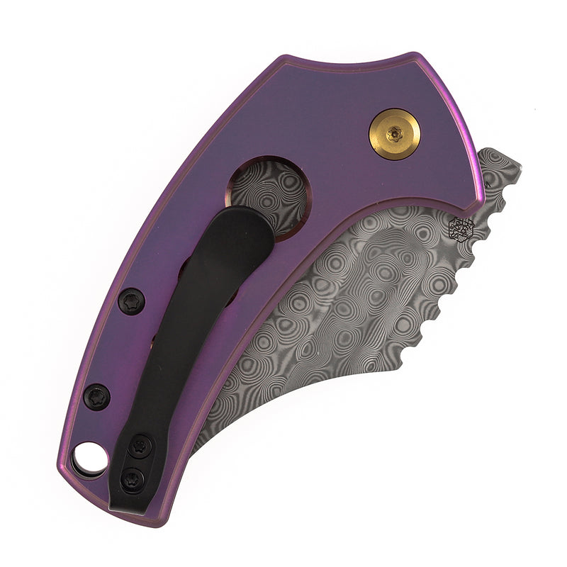 Kansept Wasp T2144F6 Acid Etched Damascus Blade Purple Anodized Titanium Handle Button Lock Folding Knife