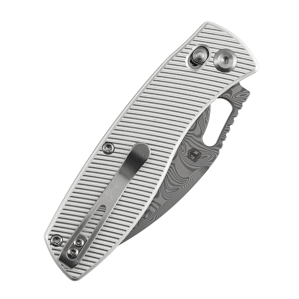 Tenable Heron B2124V3 Damascus Blade Beadblasted Aluminum Handle Crossbar Lock Folding Knife