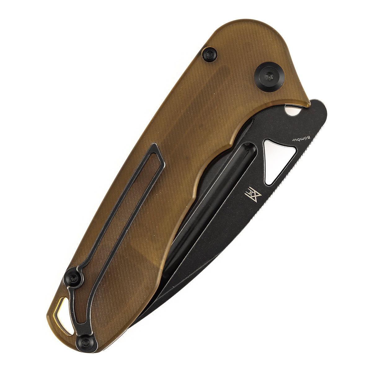 Tenable Bömbur T1054A7 Blackwashed D2 Blade Amber PEI Handle Liner Lock Folding Knife