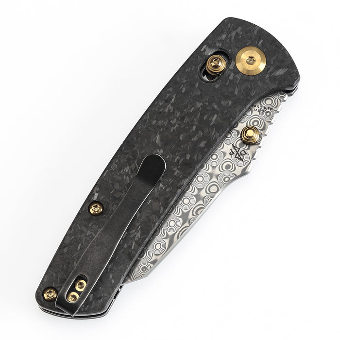 KANSEPT Main Street K1015V1 Damascus Blade Carbon Fiber Handle Crossbar Lock Knife Thumb Studs