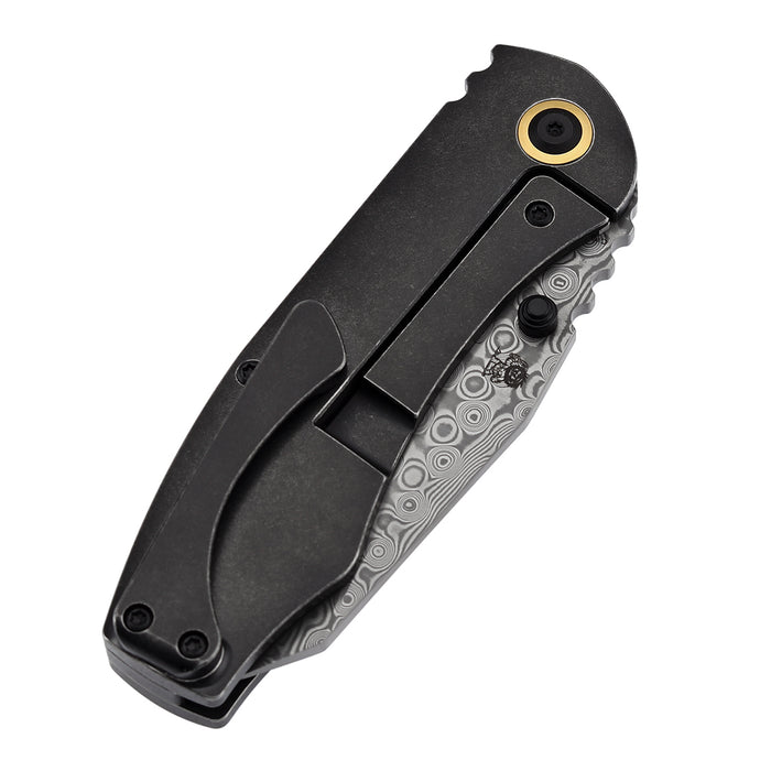 KANSEPT Caveman K1110B3 Damascus Blade Blackwash Titanium wtih 80's CamoCarbon Handle Thumb Stub