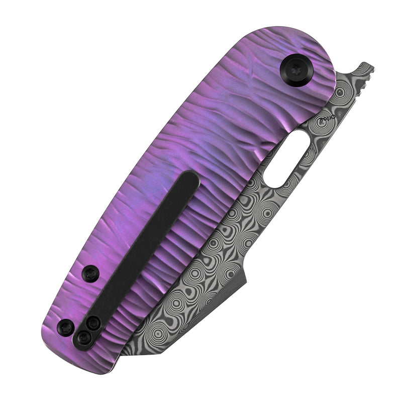 Kansept Orlok K2111A6 Acid Etched Damascus Blade Purple Anodized Titanium Handle Nested Liner Lock Folding Knife