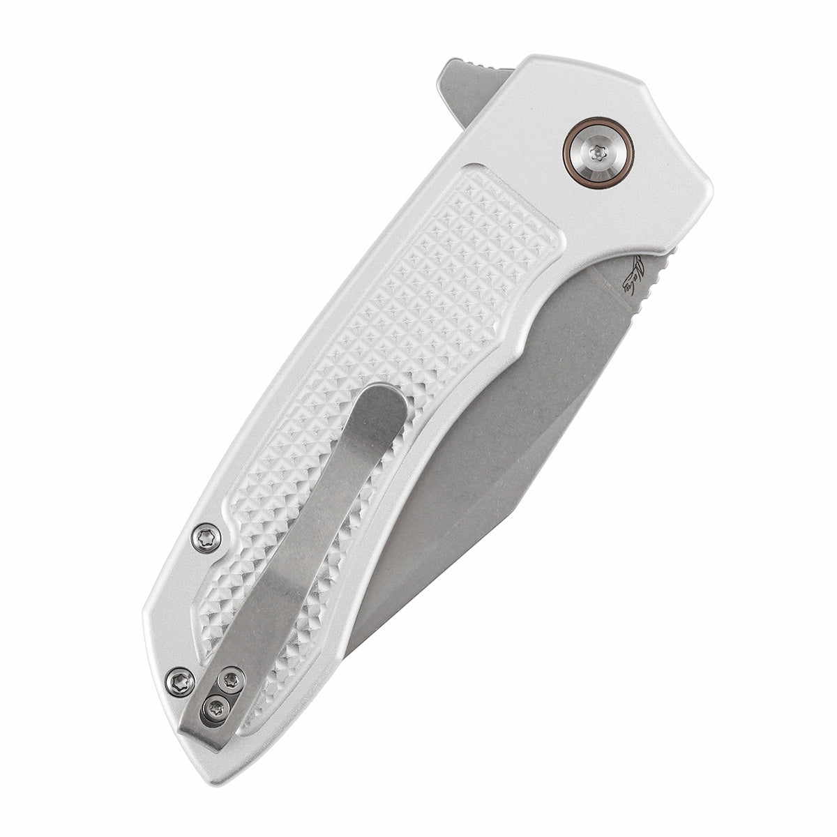 Tenable Entity B1036F3 Stonewashed 14C28N Blade Silver Aluminum Handdle Button Lock Folding Knife
