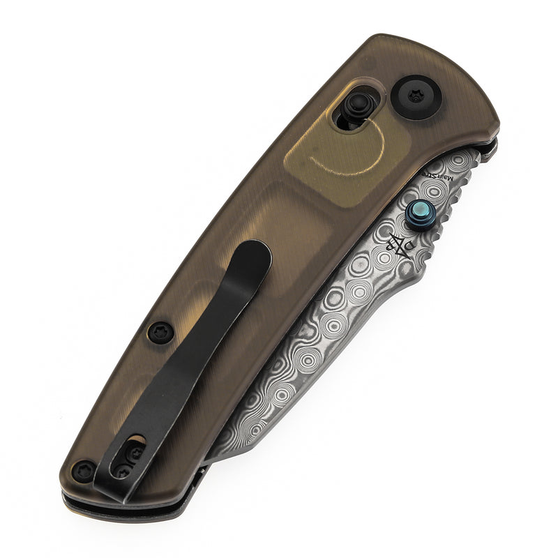 Kansept Main Street T1015V12 Damascus Blade Amber PEI/Ultem Handle Crossbar Lock Folding Knives