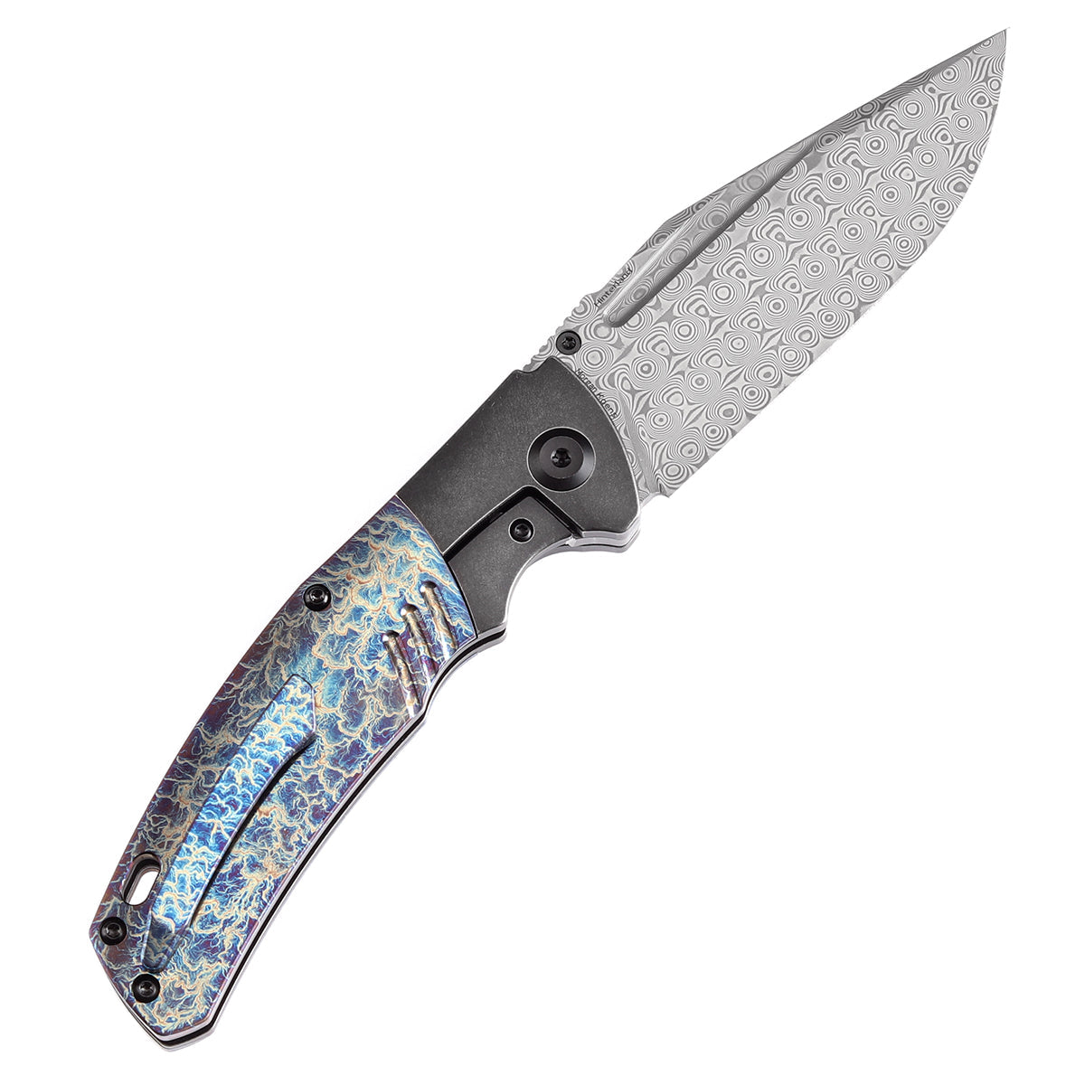 Kansept Hiinterland K1057A6 Damascus Blade Titanium Handle Flipper Knife