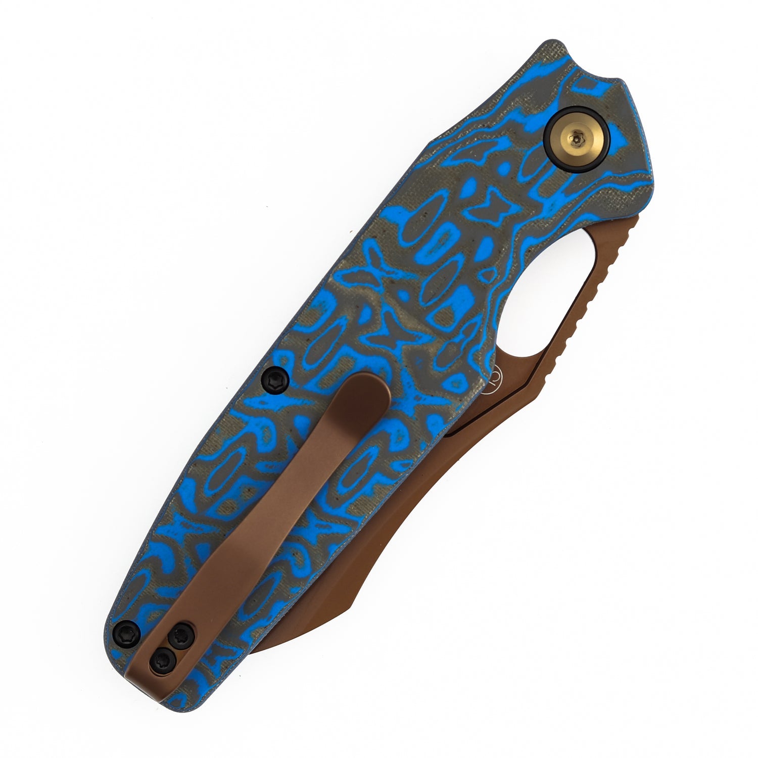 Tenable Tuckamore B1052A3 Rose Gold Nitro-V Blade Blue & Yellow Vortex Micarta Handle Liner Lock Folding Knife