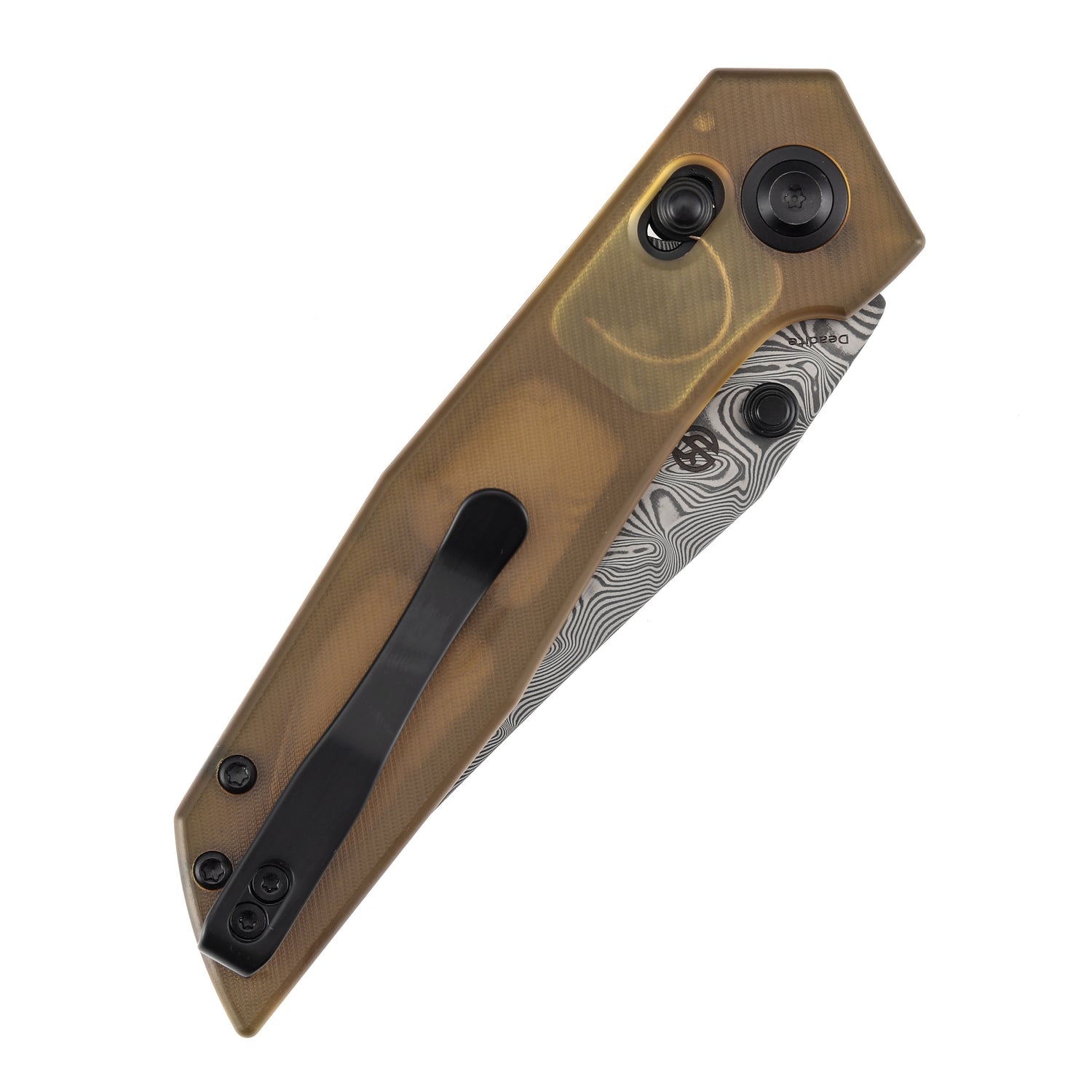 Tenable Deadite B1081V4 Water Ripple Damascus Blade Amber PEI Handle Crossbar Lock Folding Knife