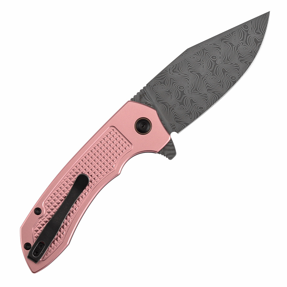 Tenable Entity B1036F4 Water Ripple Damascus Blade Rose Gold Aluminum Handdle Button Lock Folding Knife
