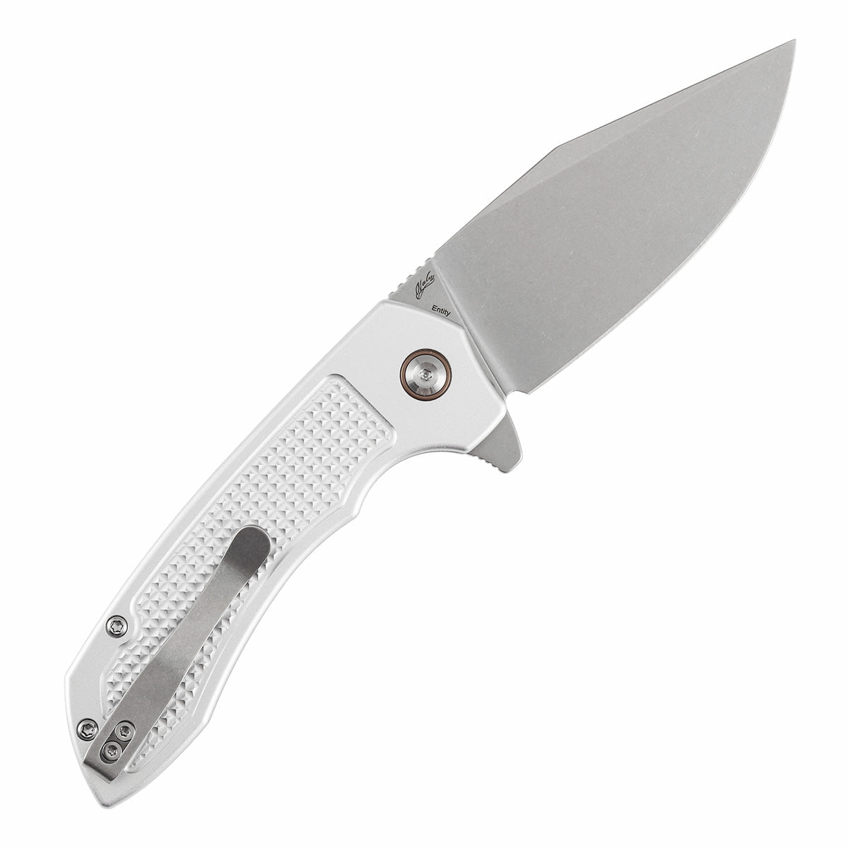Tenable Entity B1036F3 Stonewashed 14C28N Blade Silver Aluminum Handdle Button Lock Folding Knife