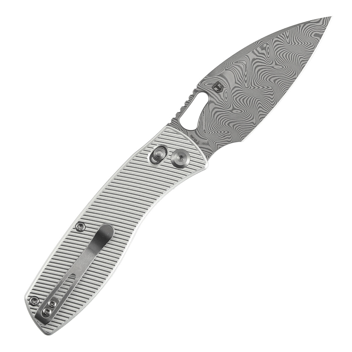 Tenable Heron B2124V3 Damascus Blade Beadblasted Aluminum Handle Crossbar Lock Folding Knife