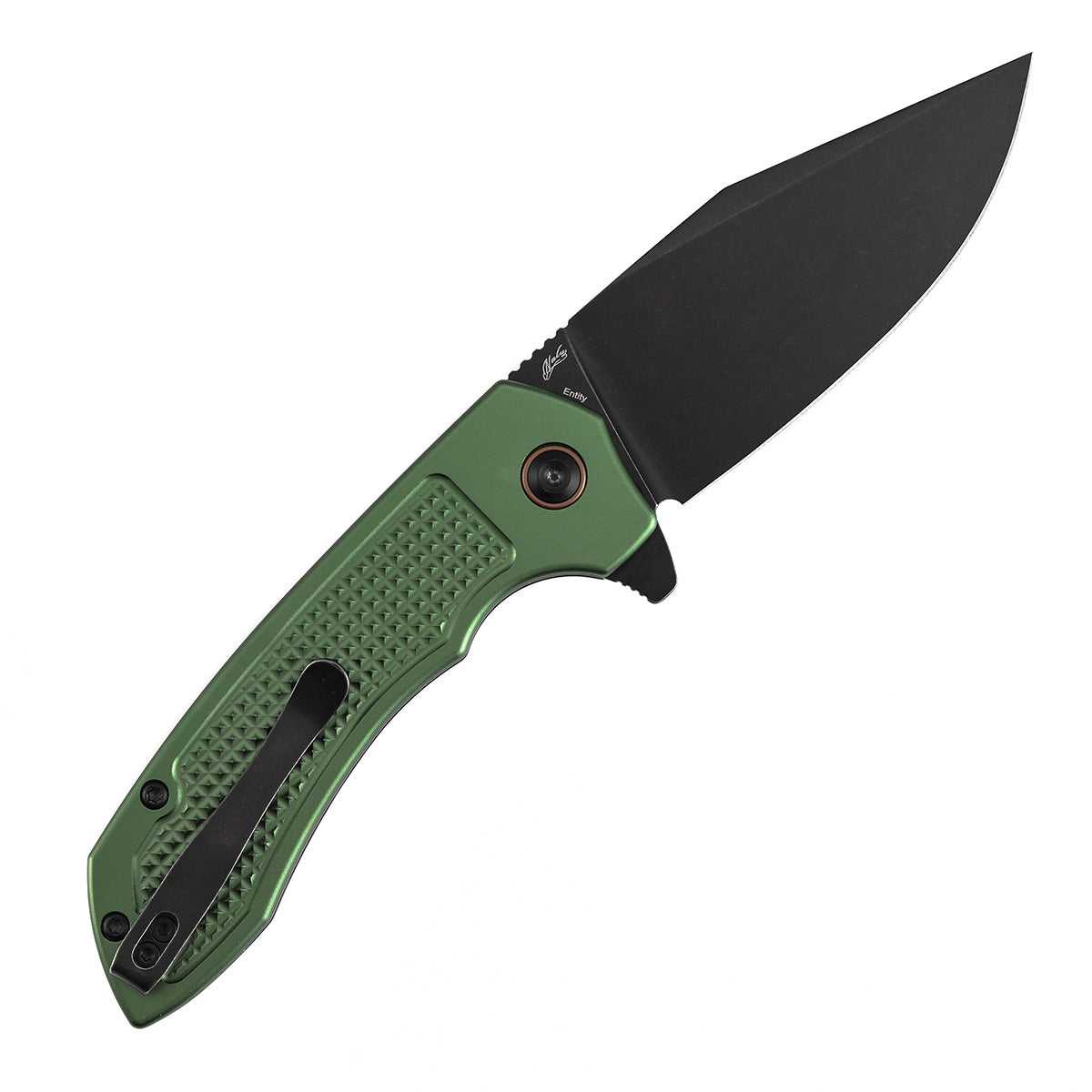 Tenable Entity B1036F2 Blackwash 14C28N Blade Green Aluminum Handdle Button Lock Folding Knife