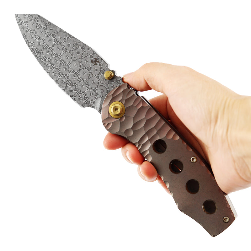 Kansept Caveman K1110A6 Damascus Blade Titanium Handle Frame Lock Folding Knife