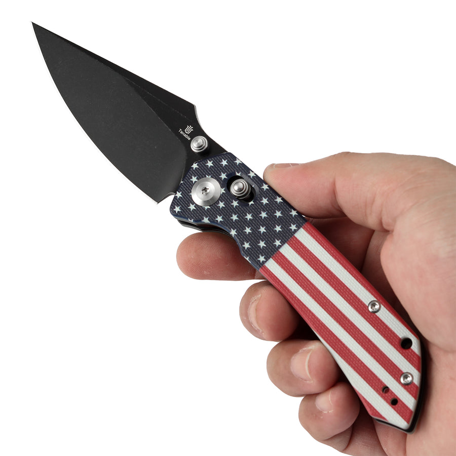 Tenable Knives Fenrir T1034V9 Nitro-V Blade Black G10 American Flag Handle Cross Bar Lock