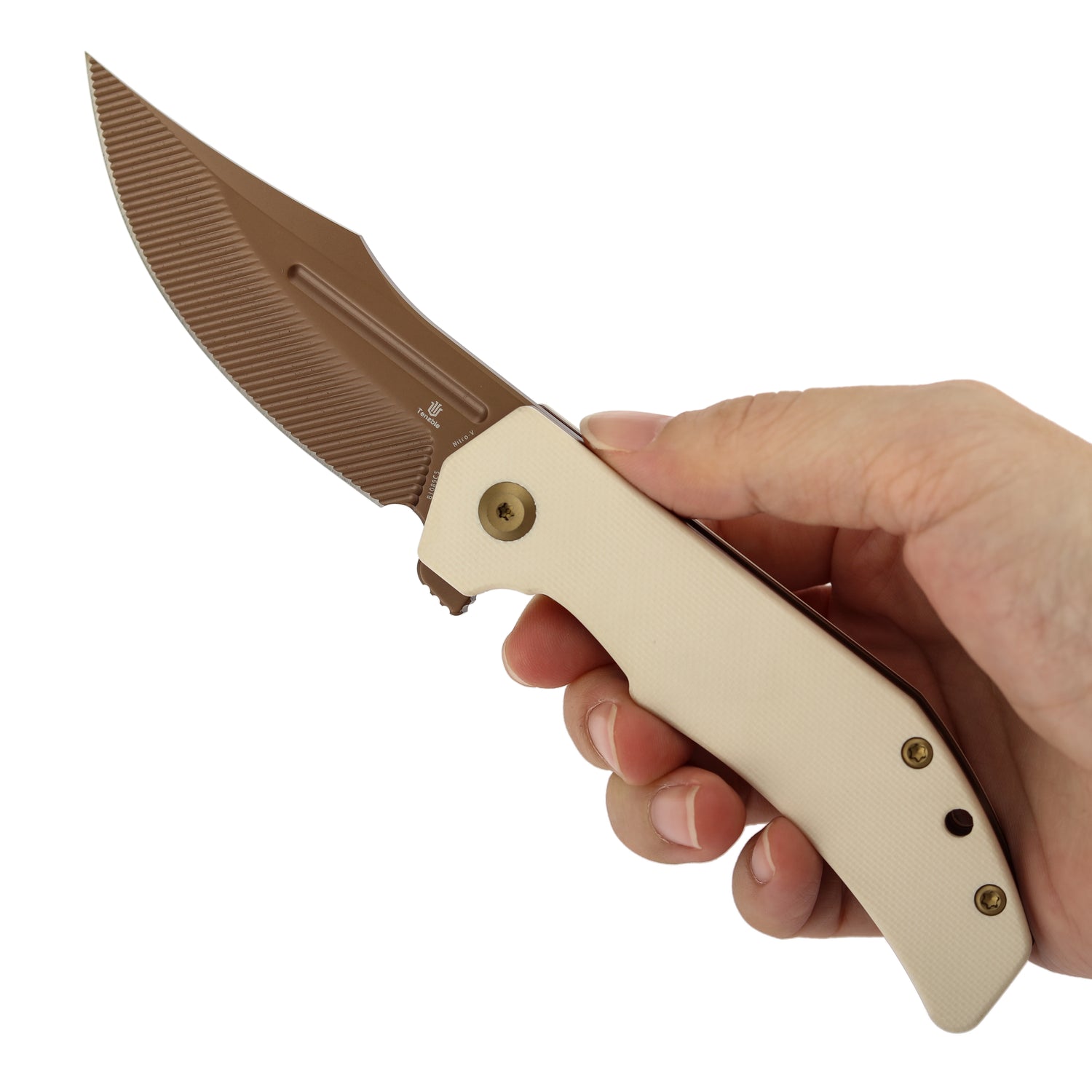 Tenable Orion B1089C5 Rose Gold Nitro-V Blade Ivory White G10 Handle Liner Lock Folding Knife