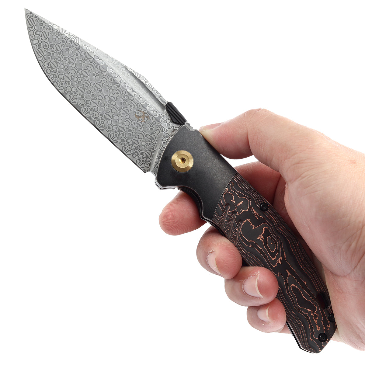 Kansept Hiinterland K1057A3 Damascus Blade Blackwash Titanium + Copper Carbon Fiber Handle Flipper Knife