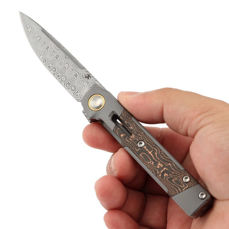 Kansept Kitpu K2123A5 Damascus Blade Titanium wtih Copper Carbon Fiber Handle Frame Lock Knife