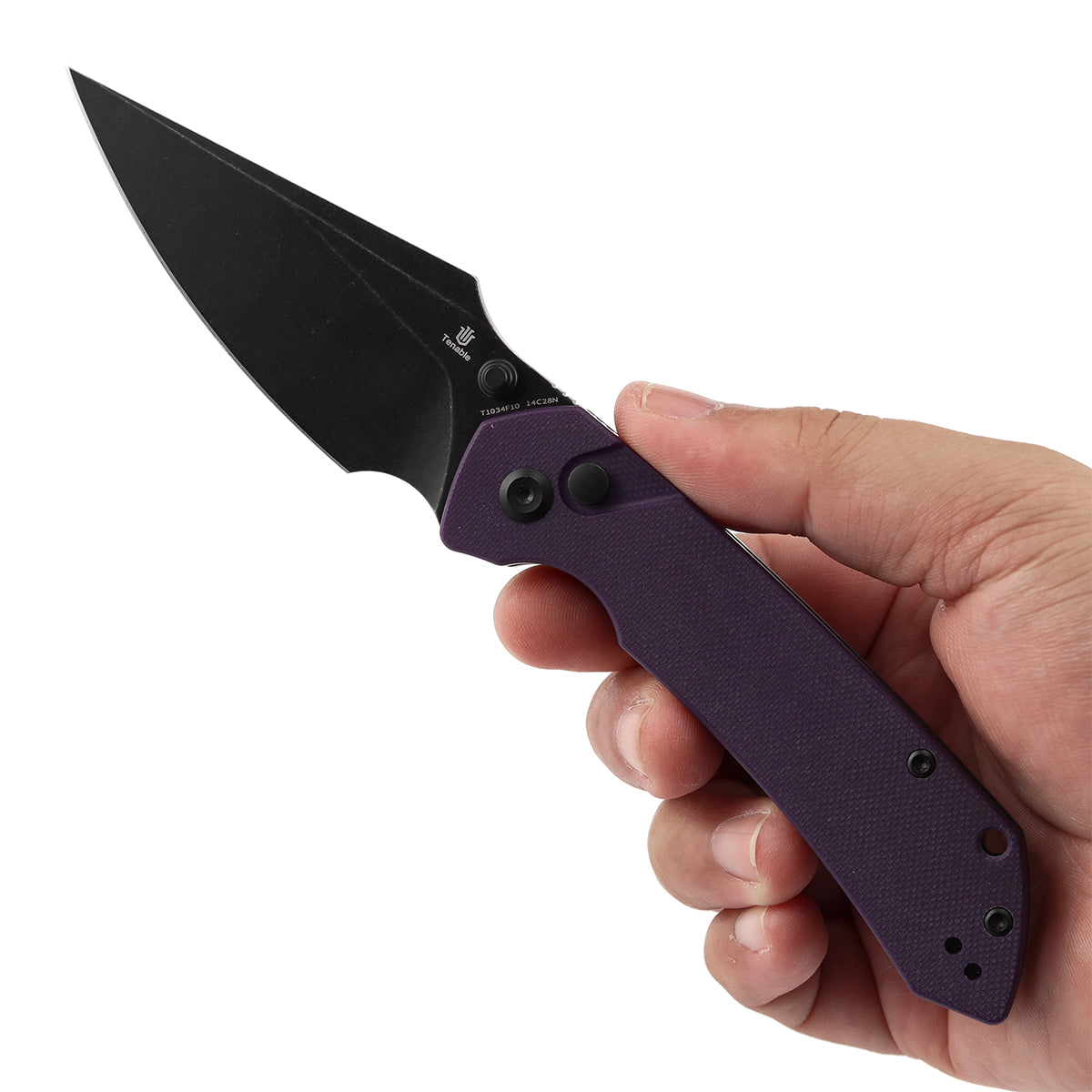 Tenable Fenrir T1034F10 14C28N Blade Purple G10 Handle Button Lock Folding Knife