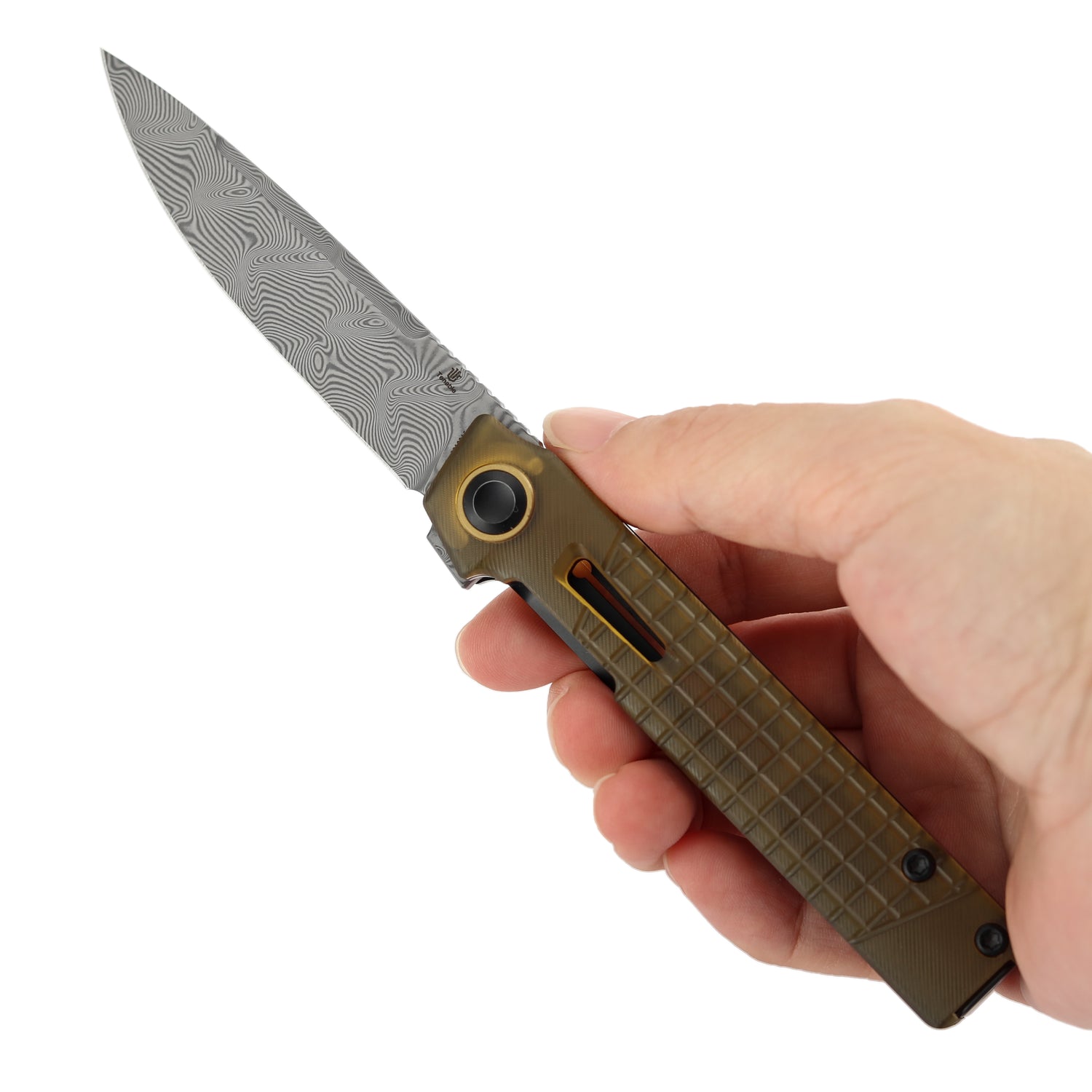 Tenable Kitpu B2123A5 Water Ripple Damascus Blade Amber PEI/Ultem Handle Liner Lock Folding Knife