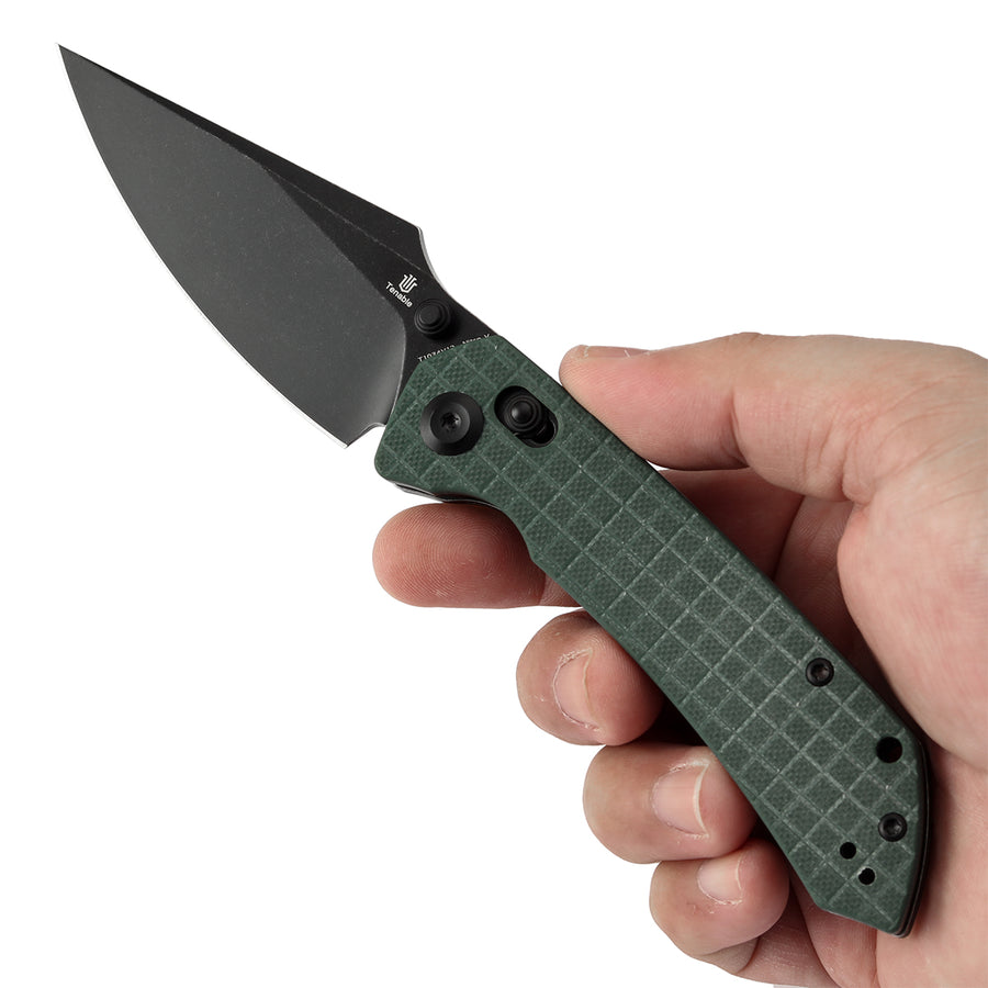 Tenable Knives Fenrir T1034V12 Black Nitro-V Blade Green G10 Handle Cross Bar Lock