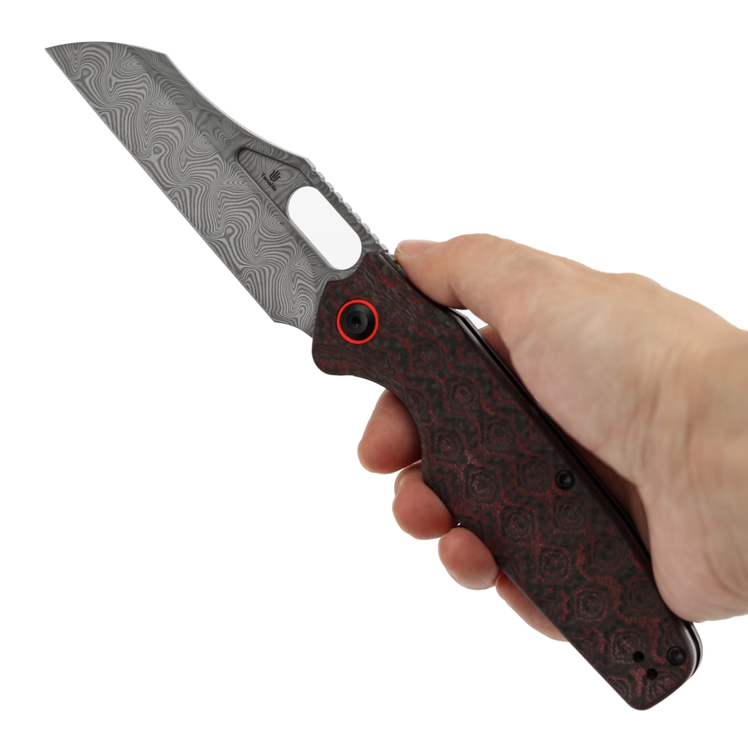 Tenable Tuckamore B1052A4 Water Ripple Damascus Blade Red & Black Rose Pattern Carbon Fiber Handle Liner Lock Folding Knife