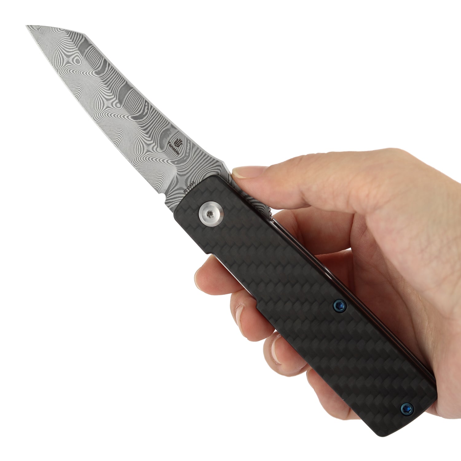 Tenable Higonokami B2135A3 Water Ripple Damascus Blade Twill Cabrbon Fiber Handle Liner Lock Folding Knife