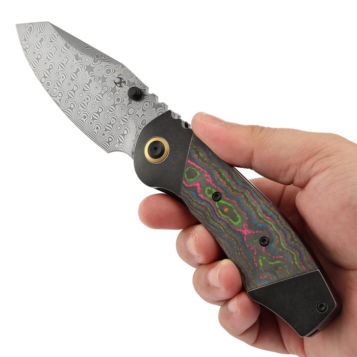 KANSEPT Caveman K1110B3 Damascus Blade Blackwash Titanium wtih 80's CamoCarbon Handle Thumb Stub