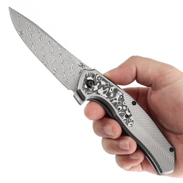 KANSEPT HAVØRN K1069A1 Damascus Blade Titanium with Black and White Carbon Fiber Inlay Handle Frame Lock