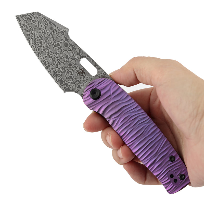 Kansept Orlok K2111A6 Acid Etched Damascus Blade Purple Anodized Titanium Handle Nested Liner Lock Folding Knife