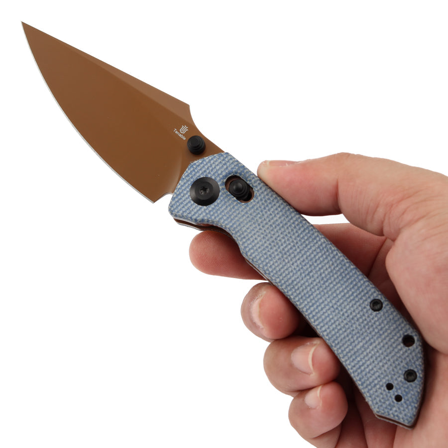 Tenable Fenrir T1034V6 Nitro-V Blade Blue Micarta Handle Cross Bar Lock Folding Knife