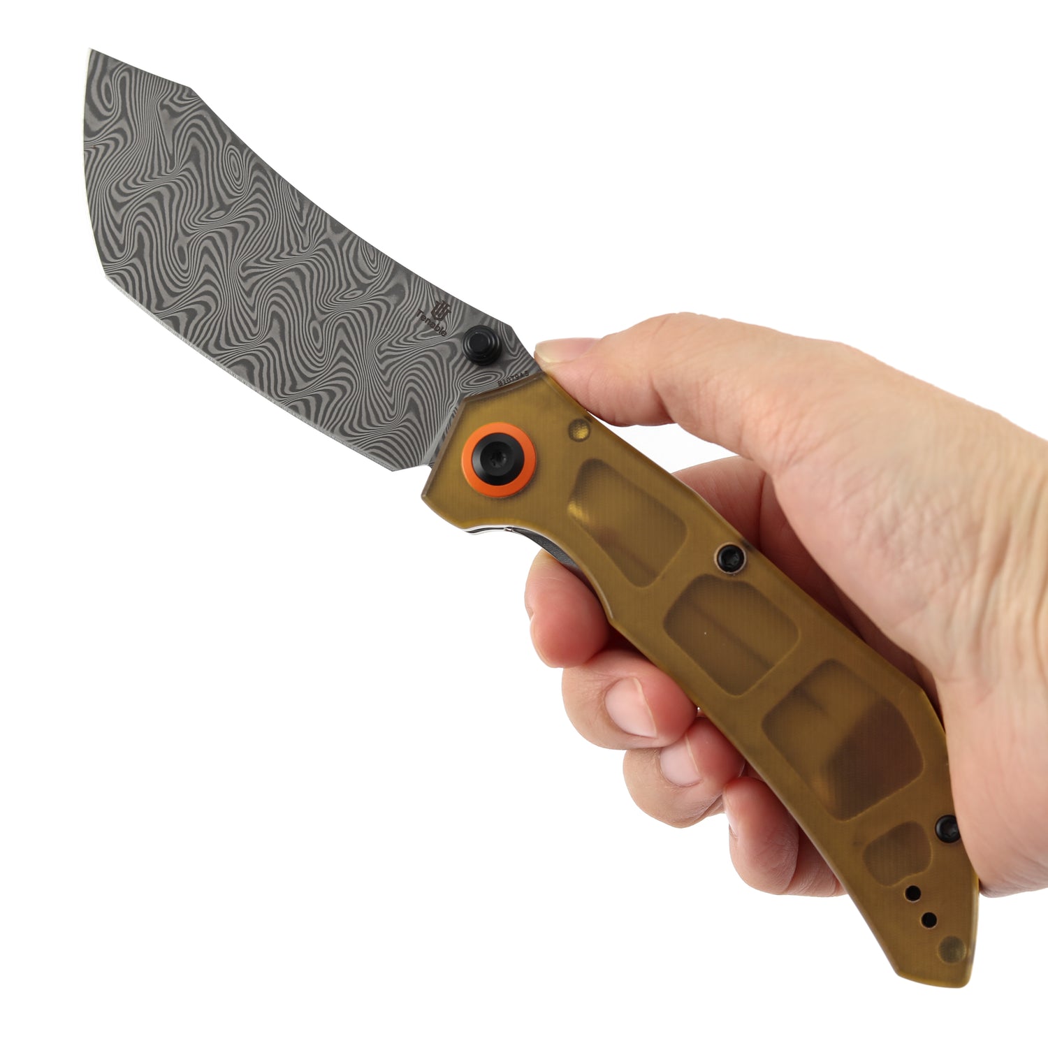 Tenable Tipper B1079A5 Water Ripple Damascus Blade Amber PEI Handle Liner Lock Folding Knife
