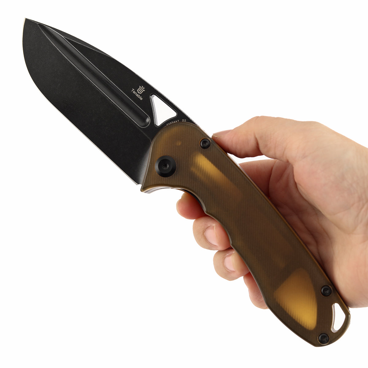 Tenable Bömbur T1054A7 Blackwashed D2 Blade Amber PEI Handle Liner Lock Folding Knife