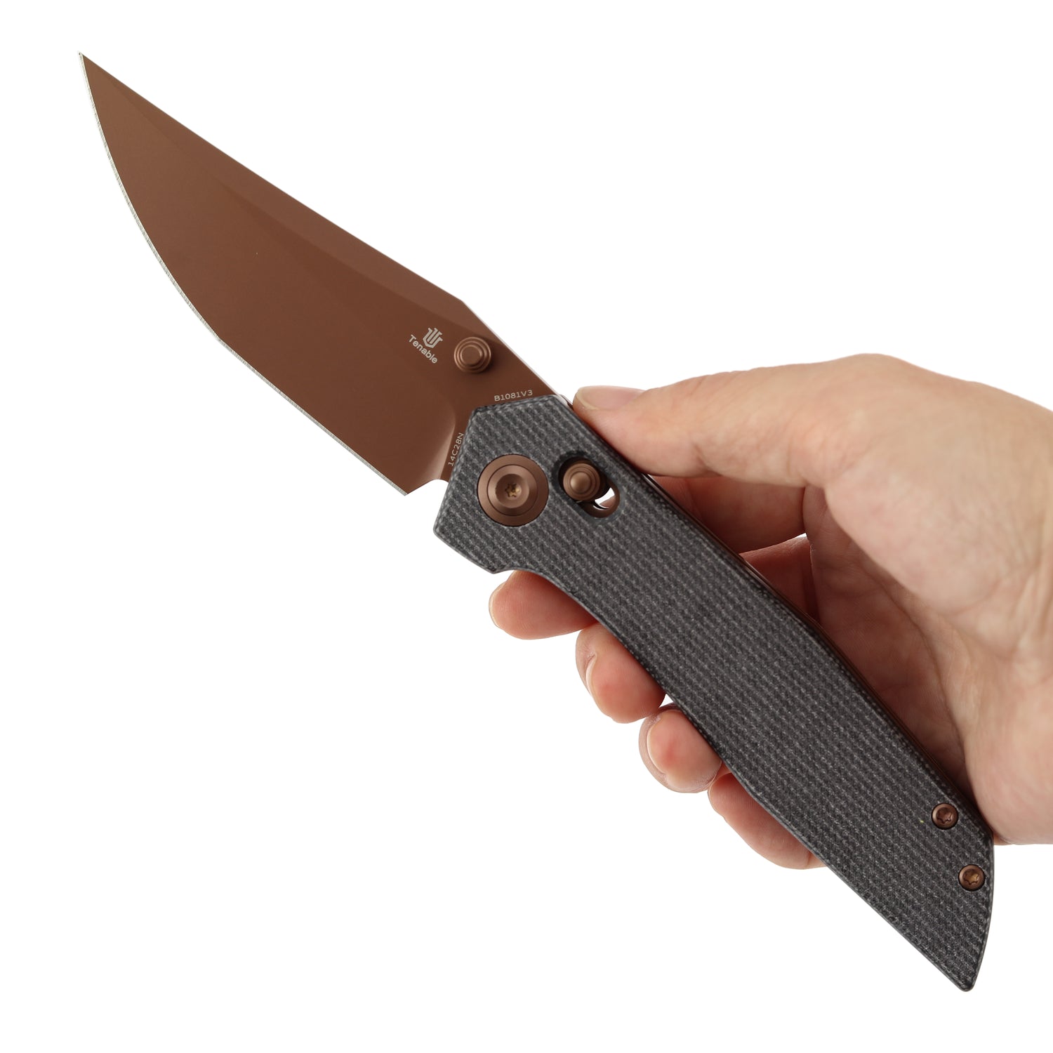 Tenable Deadite B1081V3 Rose Gold 14C28N Blade Black Micarta Handle Crossbar Lock Folding Knife