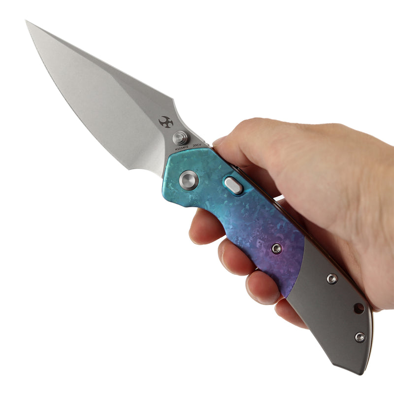 Navaja plegable Kansept Fenrir K1034H2 con hoja CPM-20CV stonewashed, mango de titanio cristalizado y titanio stonewashed, con bloqueo tipo Top Liner Lock