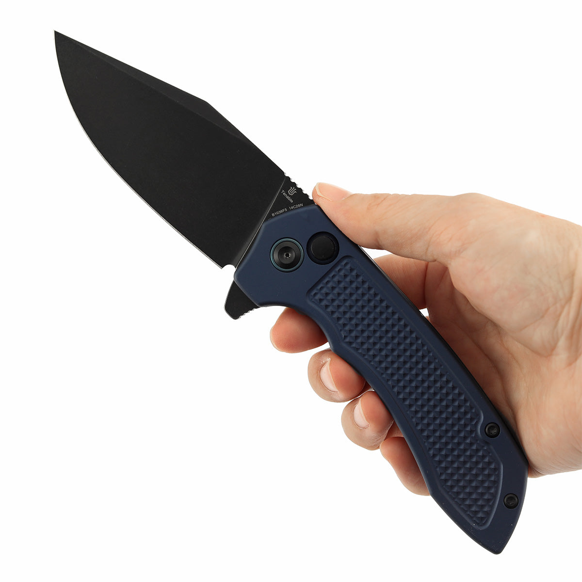 Tenable Entity B1036F5 Blackwash 14C28N Blade Blue Aluminum Handdle Button Lock Folding Knife