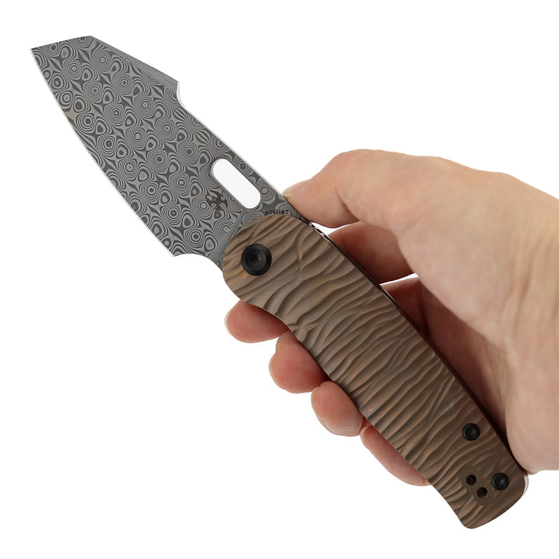 Kansept Orlok K2111A7 Acid Etched Damascus Blade Bronze Anodized Titanium Handle Nested Liner Lock Folding Knife