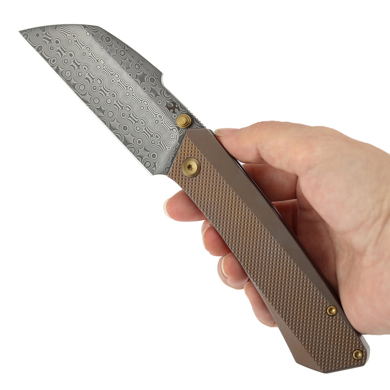 Kansept Contra K1139A4 Damascus Blade Bronze Anodized Titanium Handle Frame Lock Folding Knife