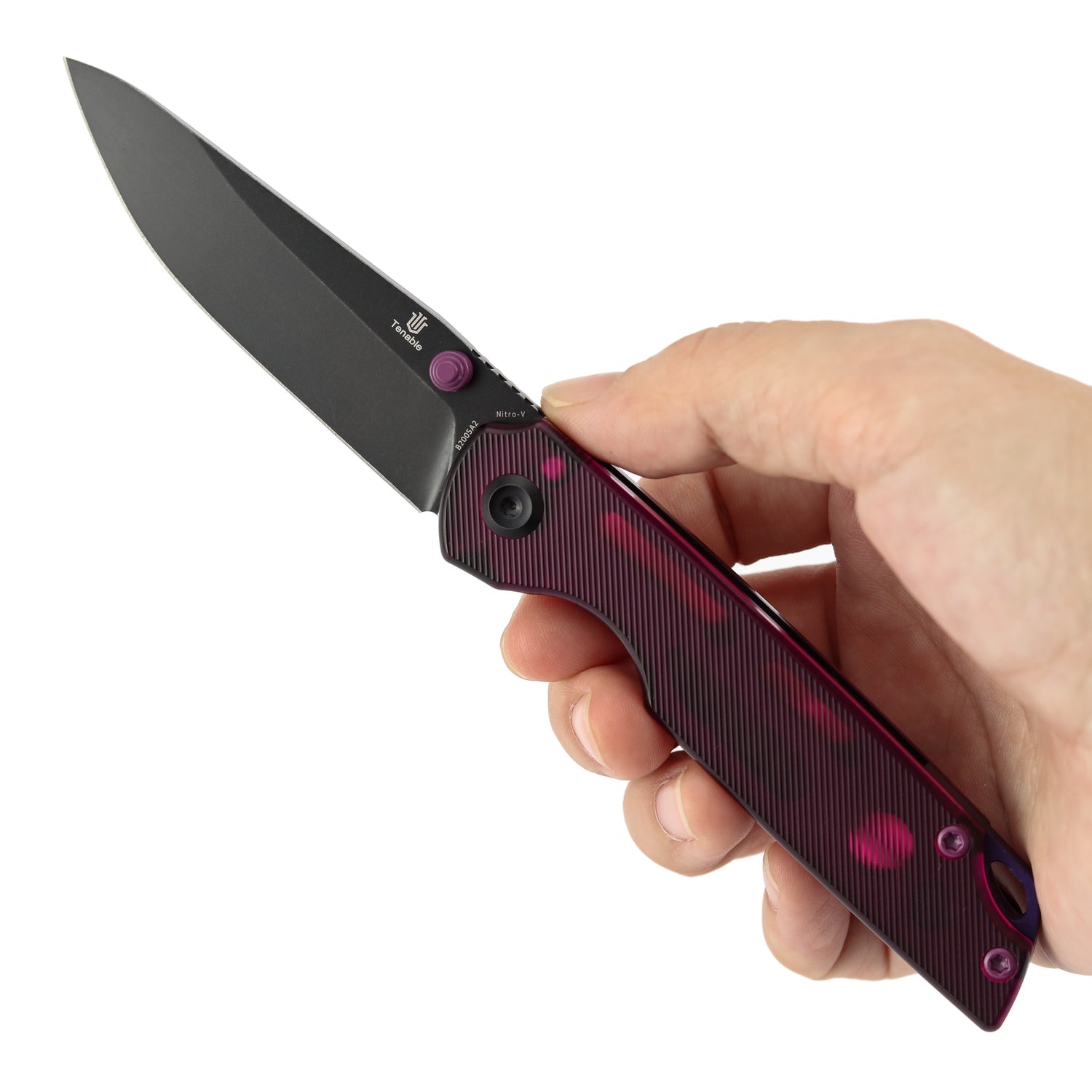 Tenable Mini Warrior B2005A2 Blackwash Nitro-V Blade Purple Acrylic Handle Liner Lock Folding Knife
