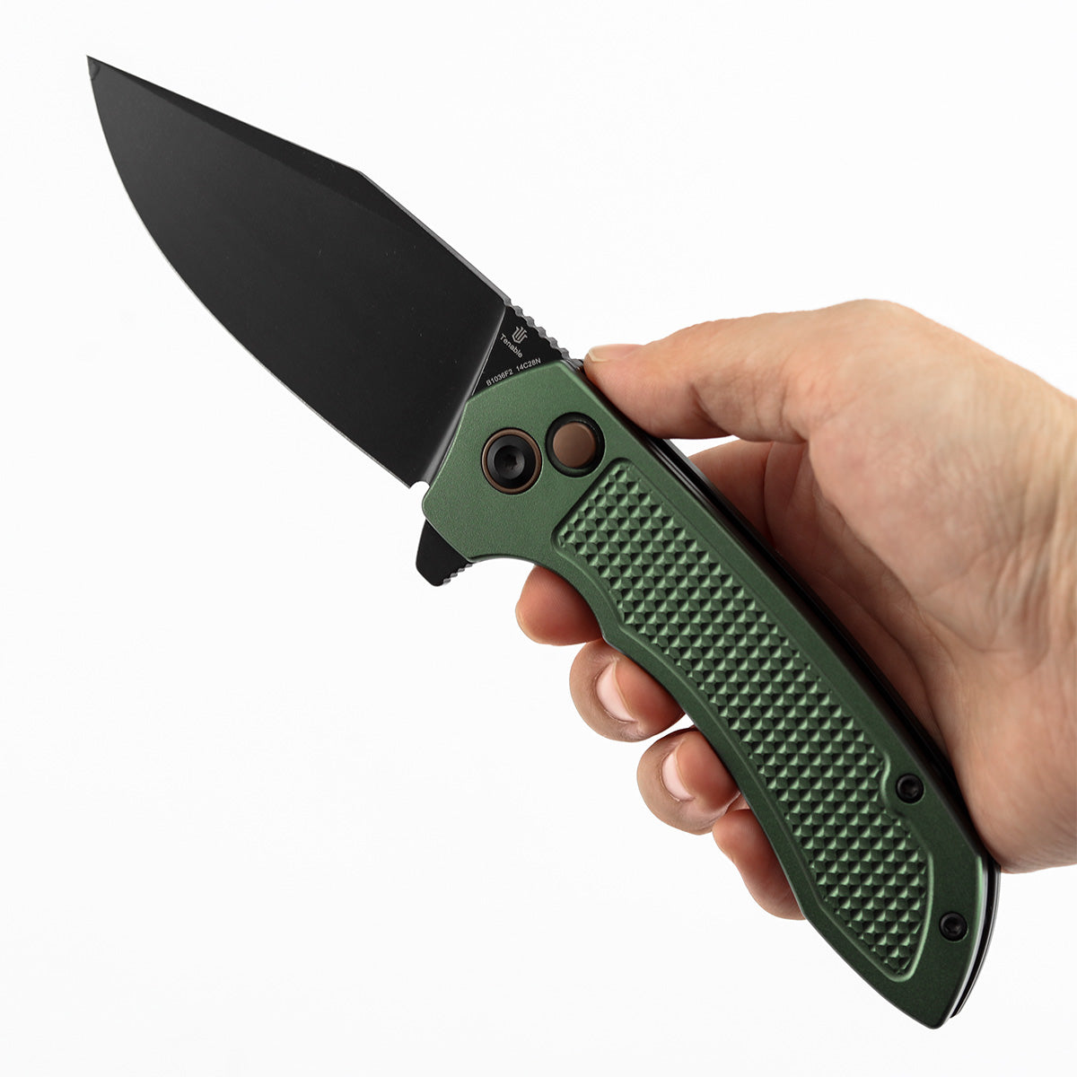 Tenable Entity B1036F2 Blackwash 14C28N Blade Green Aluminum Handdle Button Lock Folding Knife