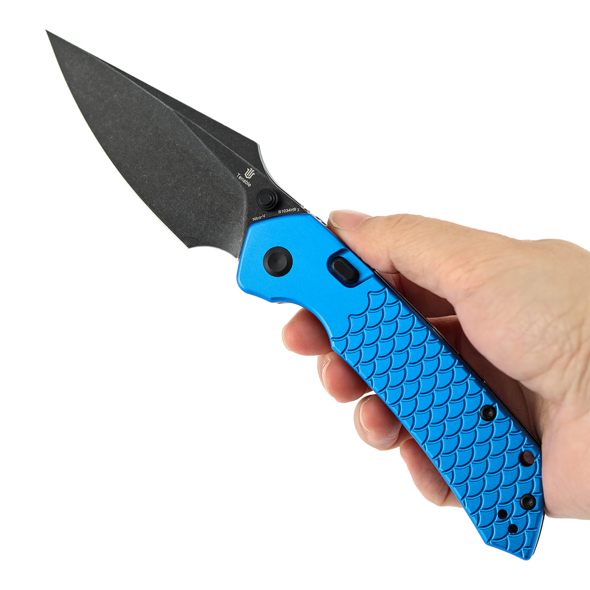 Tenable Fenrir B1034H92 Blackwash Nitro-V Blade Dark Blue Anodized Aluminum Handle Top Liner Lock Folding Knife
