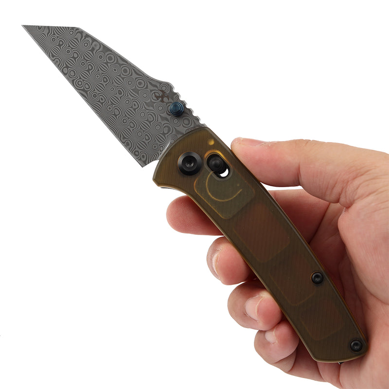 Kansept Main Street T1015V12 Damascus Blade Amber PEI/Ultem Handle Crossbar Lock Folding Knives