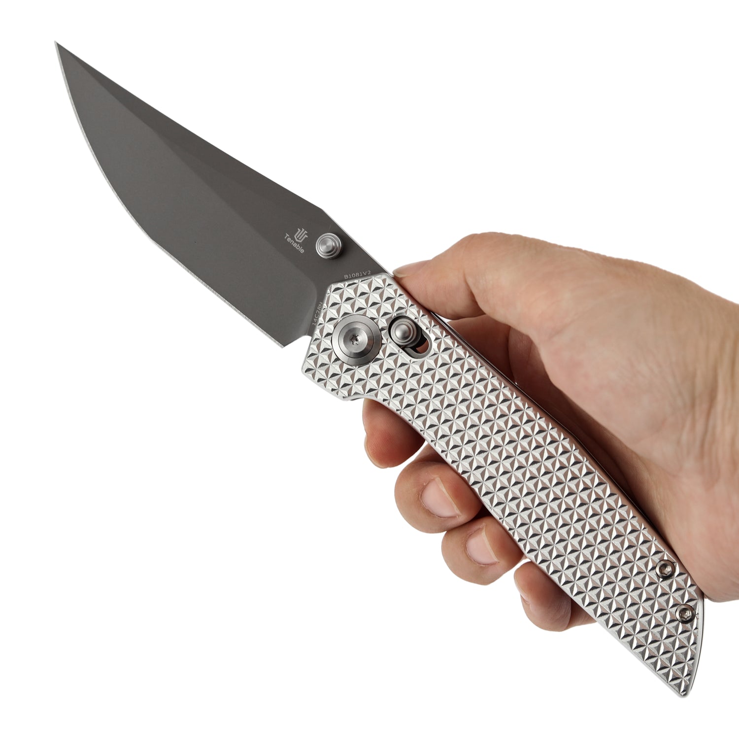 Tenable Deadite B1081V2 Gray TiCn Coated 14C28N Blade Silver Aluminum Handle Crossbar Lock Folding Knife