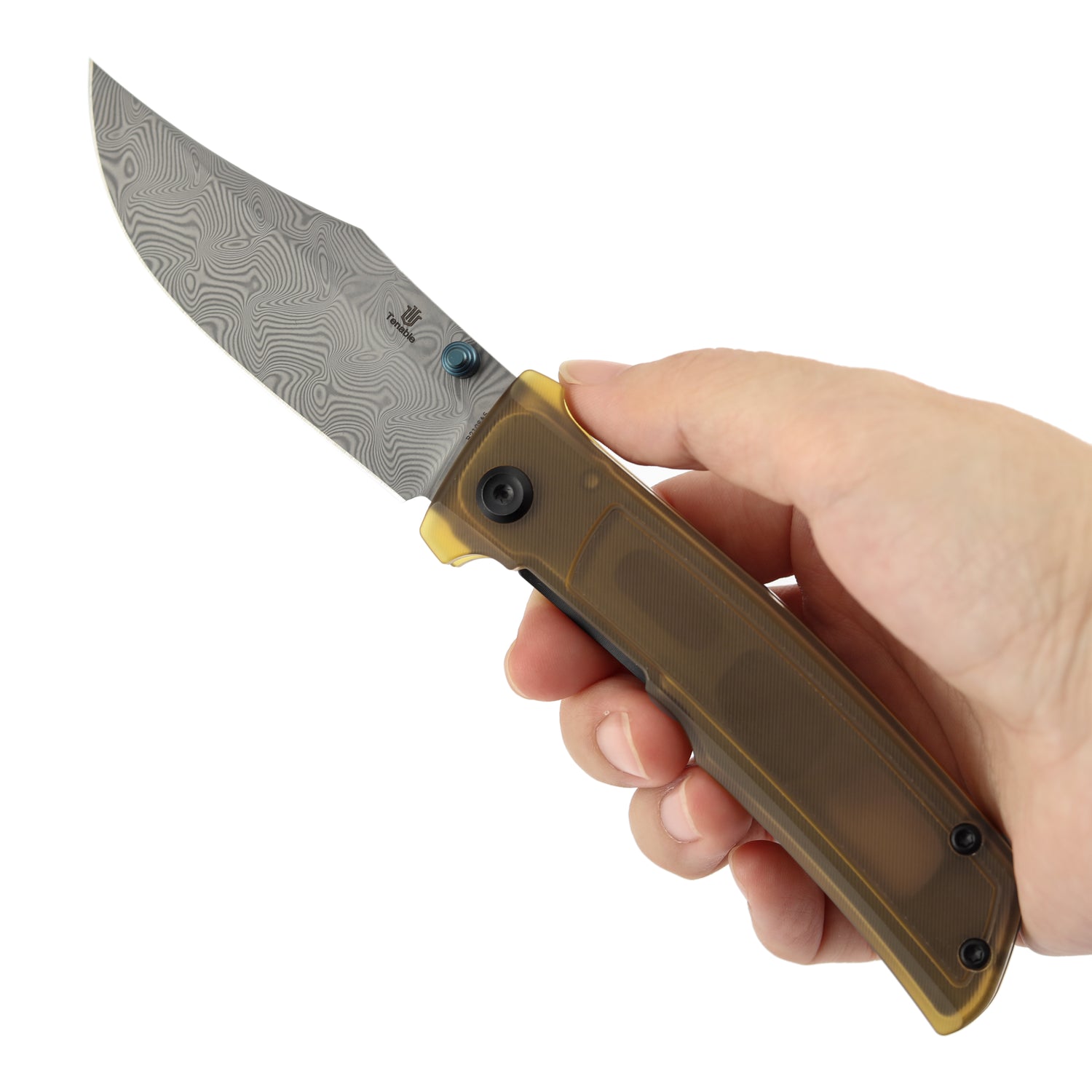 Tenable Bison B2108A5 Water Ripple Damascus Blade Amber PEI/Ultem Handle Liner Lock Folding Knife