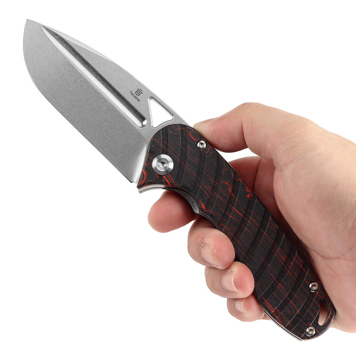 Tenable Bömbur T1054C1 Stonewashed D2 Blade Black and Red G-mascus Handle Liner Lock Folding Knife
