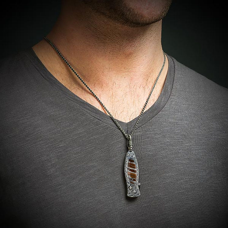 William Henry B02 GALWAY Pendant Knife Chad Nichols Damascus Blade Silver Handle inlaid fossil mammoth tooth