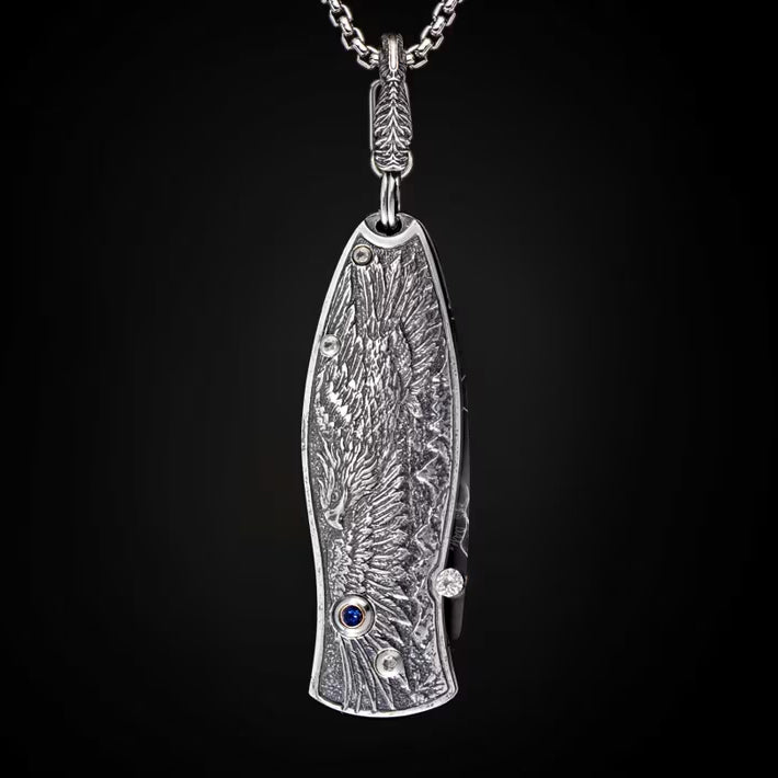William Henry B02 FREEDOM Pendant Knife Damascus Blade Silver Handle