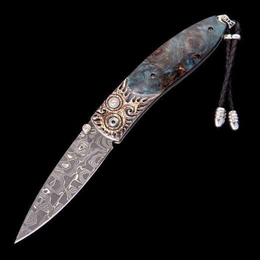 William Henry B05 BLUE FLAME Damascus Blade Mokume With Blue Wood Folding Knife