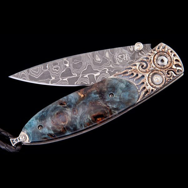 William Henry B05 BLUE FLAME Damascus Blade Mokume With Blue Wood Folding Knife