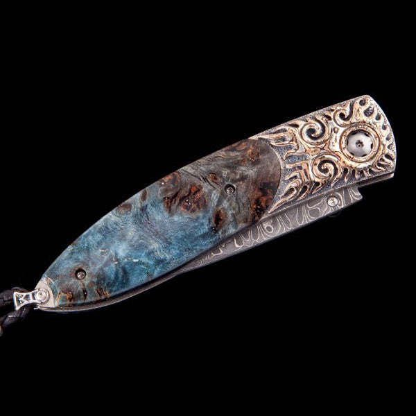 William Henry B05 BLUE FLAME Damascus Blade Mokume With Blue Wood Folding Knife