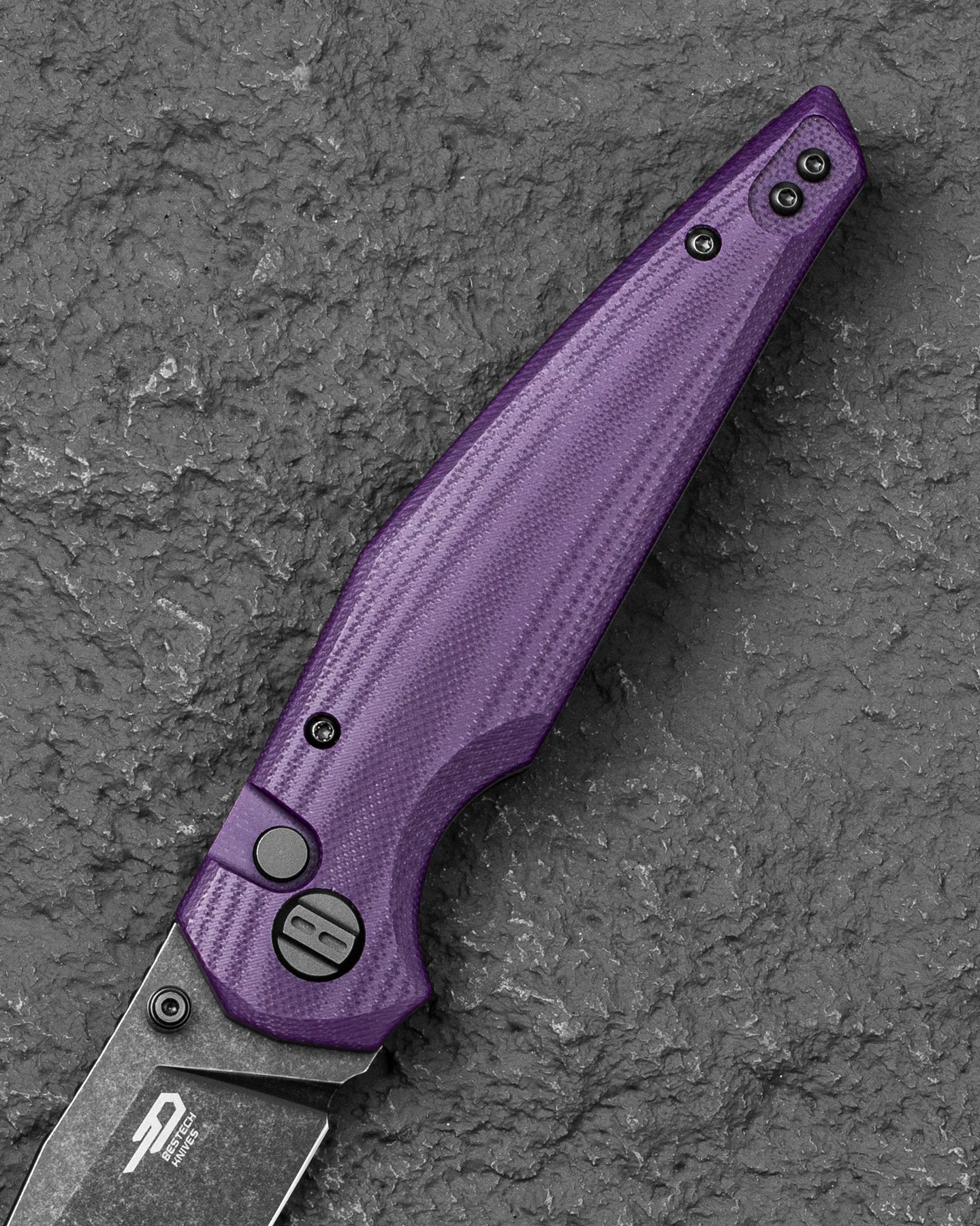 Bestech Snakebird BG58E 14C28N Blade Purple G10 Handle Button Lock Folding Knife