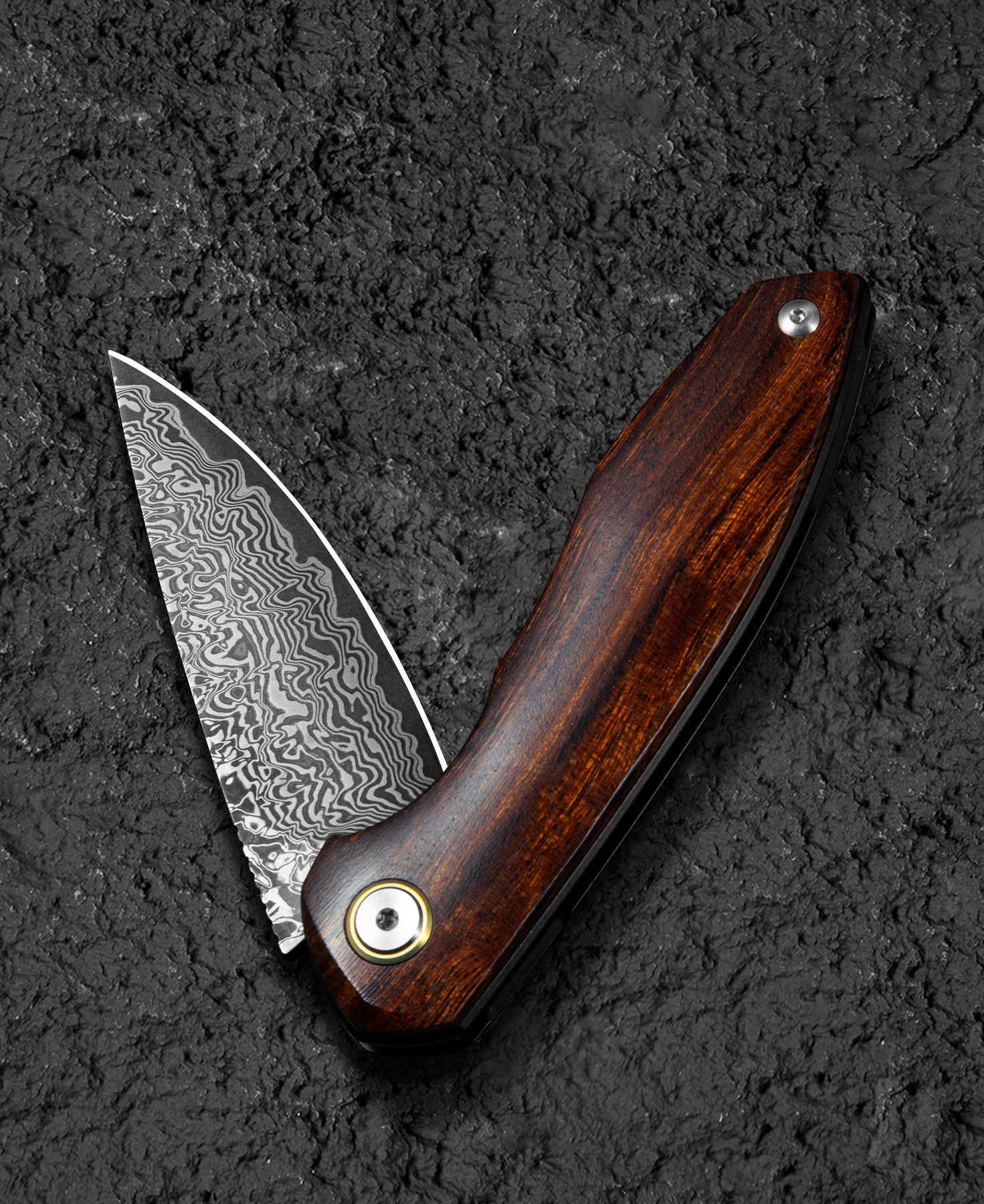 Bestech Bambi BL08D Damascus Blade Iron Wood Handle Liner Lock Folding Knife